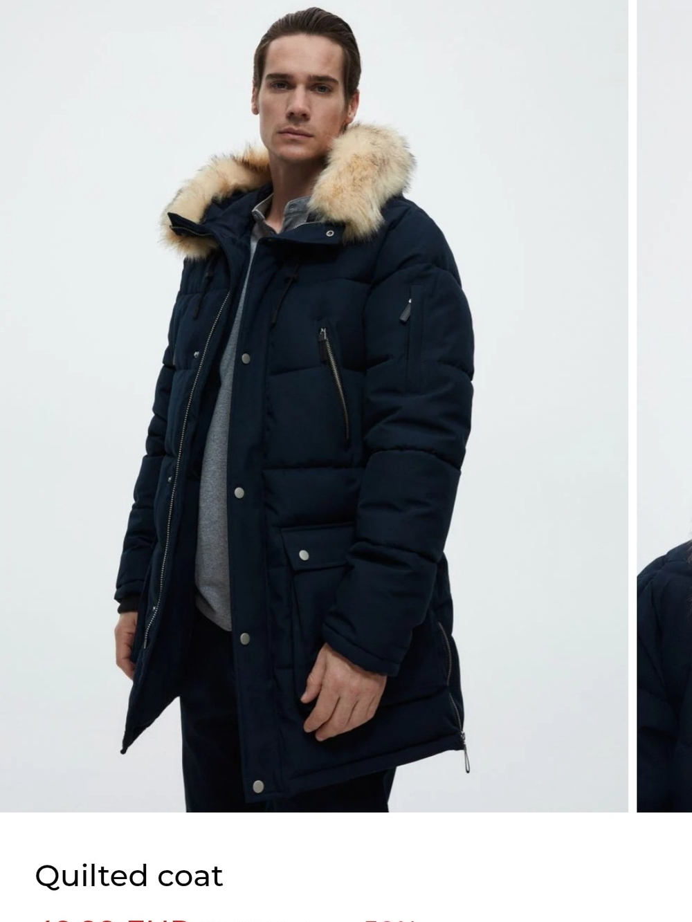 Reserved Men's XL Navy Quilted Parka Coat with  Faux Fur-Trim Hood